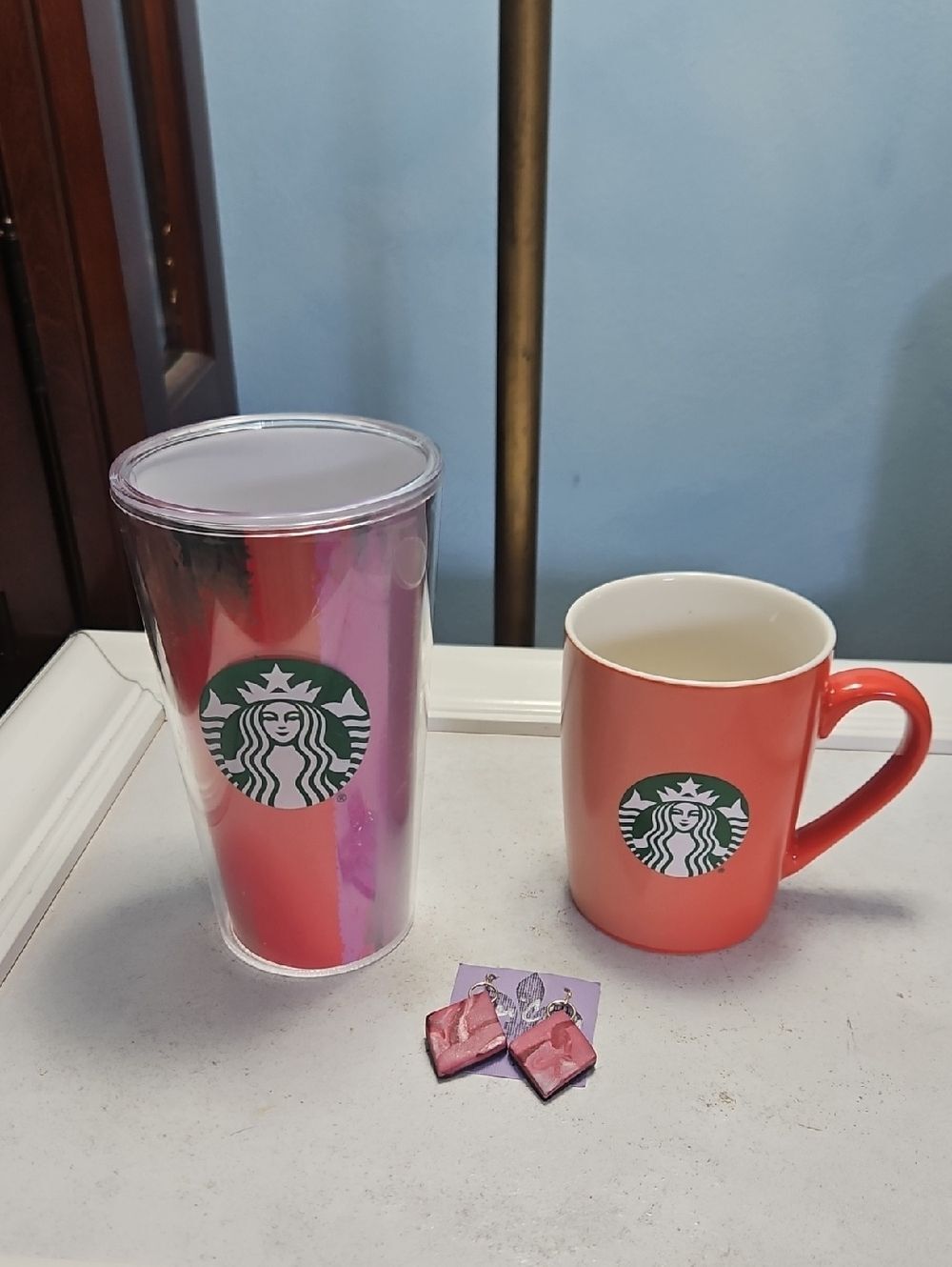 Starbucks Coral Fade Mug Rainbow Blend Tumbler & Red Marbled Earrings Gift Set